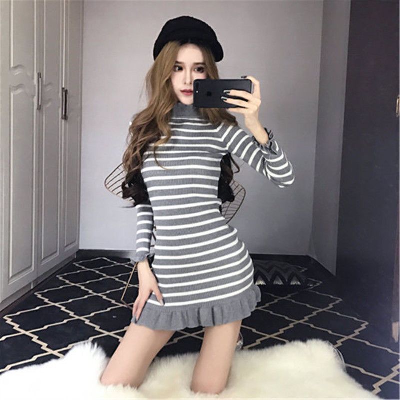 Đầm Dệt Kim Tay Dài Dáng Ôm Họa Tiết Kẻ Sọc Thời Trang Xuân Thu Phong Cách Hàn Quốc Mới