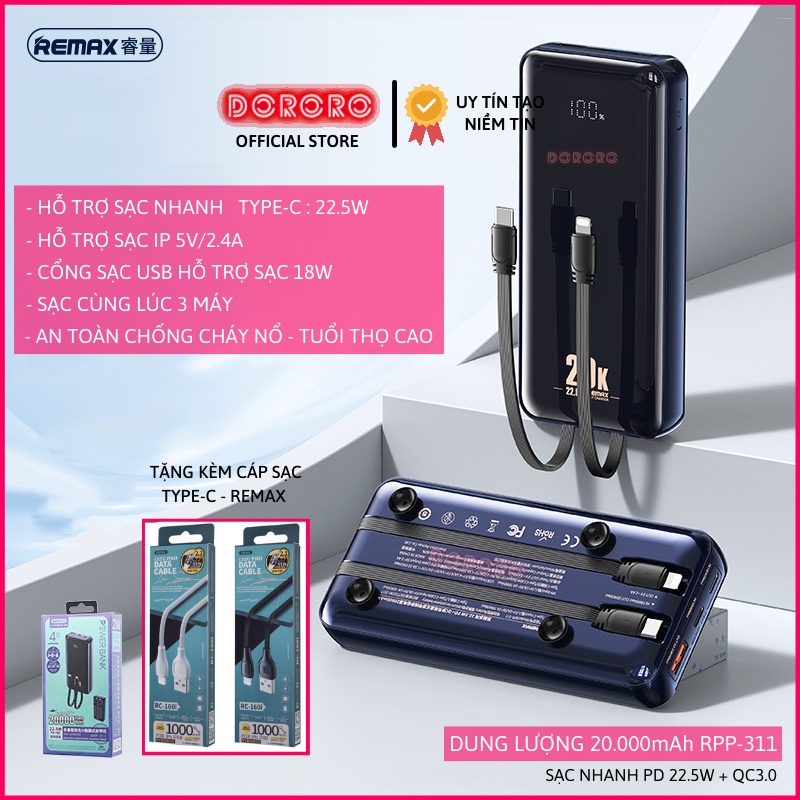 Mua Pin dự phòng REMAX 20000mah RPP-311 tích hợp cáp sạc IP và Type C ...