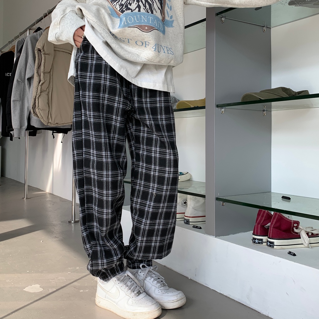 SUXI Quần Dài Lưng Cao Dáng Rộng Họa Tiết Sọc Caro Thời Trang Thu Đông Cho Nữ