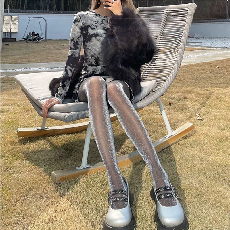 Quần Tất Lụa Mỏng Màu Đen Đính Ngọc Trai Bạc Lấp Lánh Quyến Rũ Phong Cách Mới Quyến Rũ Cho Nữ