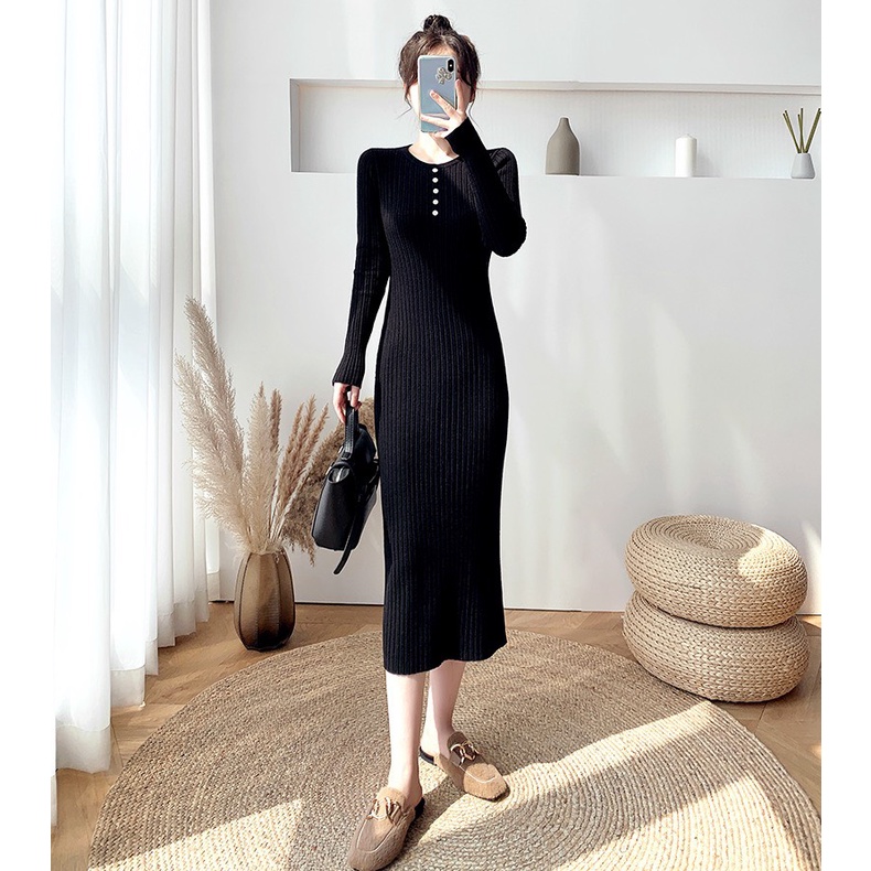 Váy len nữ tay dài fom rộng mẹ bầu | Đầm len nữ dáng dài thụng suông bigsize thu đông