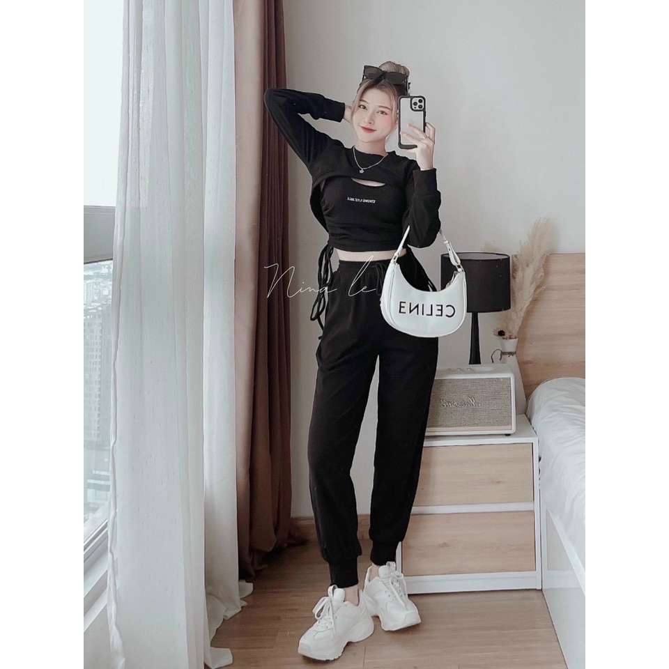 [11.11 Sale Freeship] Set bộ áo croptop cổ tròn tay dài hở ngực in hình chữ,quần ống túm dây thun đi chơi dạo phố sexy