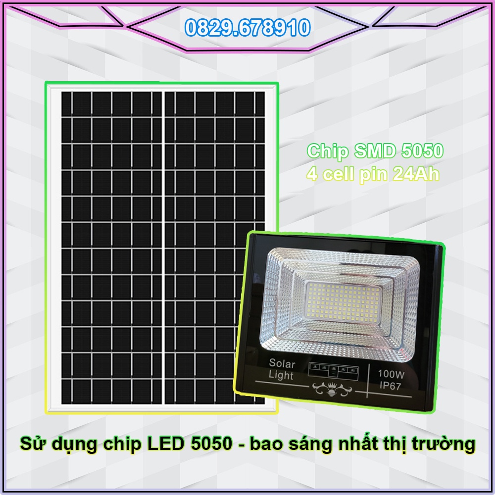 Đèn pha LED năng lượng mặt trời 100W - hàng cao cấp sử dụng chip SMD 5050 (4 cell pin 32650 - dung lượng 24Ah)