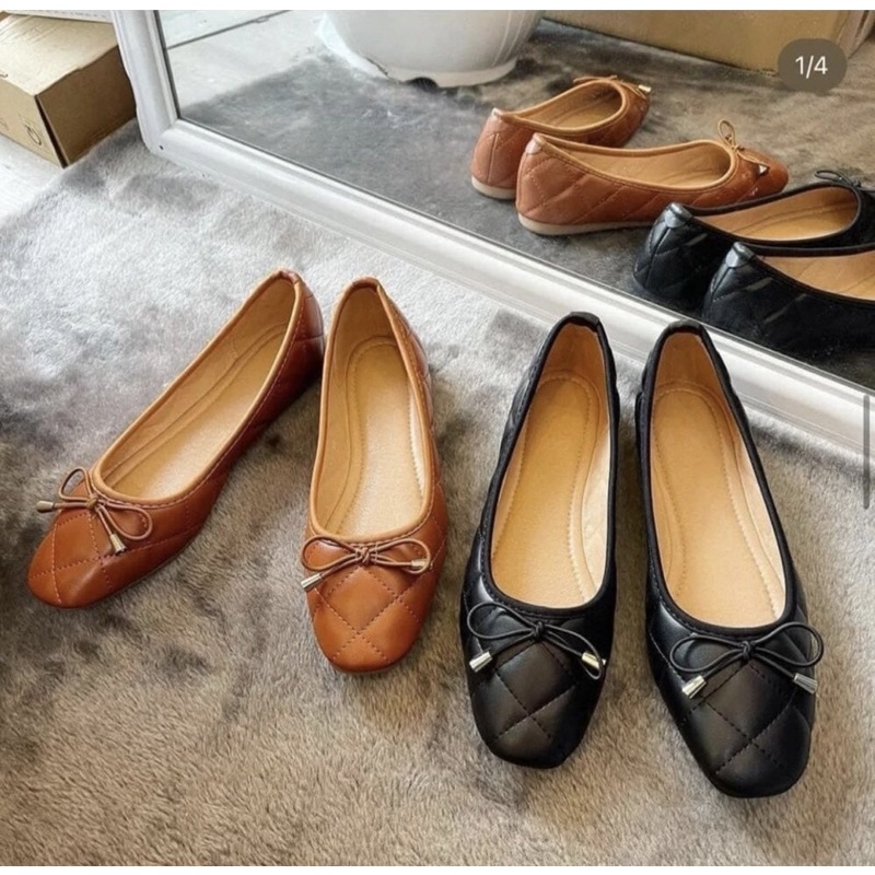 Giày búp bê bệt trám chần bông đính nơ nữ