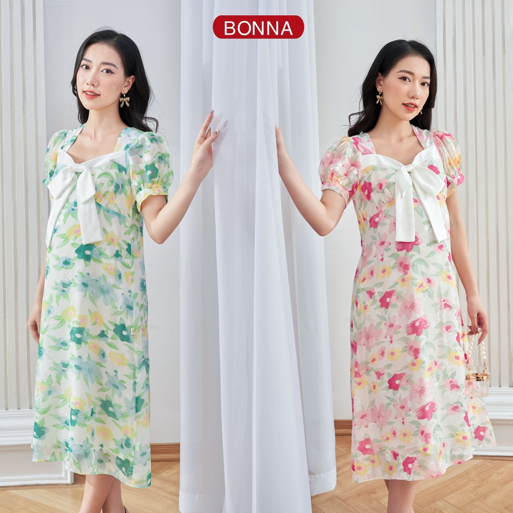 Váy bầu mùa hè BONNA, chất liệu voan hoa nổi cao cấp, phần cổ áo cách điệu phối cùng nơ trắng tiểu thư, điệu đà, VS222