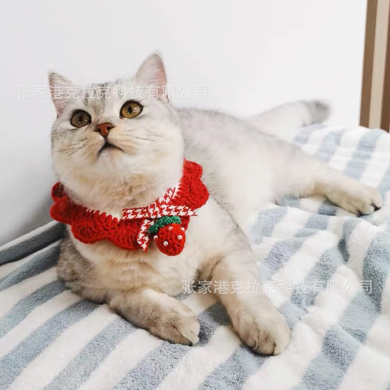 Yếm len cho thú cưng hình dâu tây có dây buộc chỉnh size