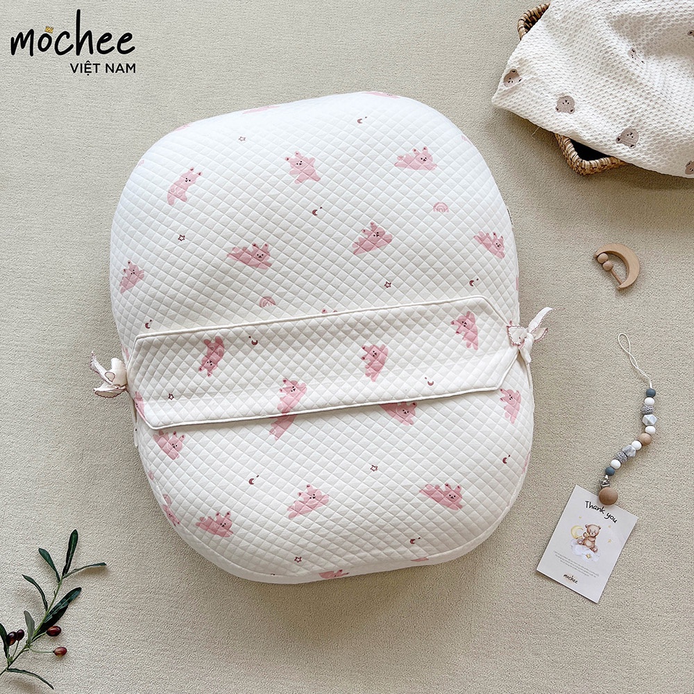Gối chống trào ngược Mochee lụa cotton thỏ hồng cho bé 68x68cm, gối chống trào ngược cho trẻ sơ sinh