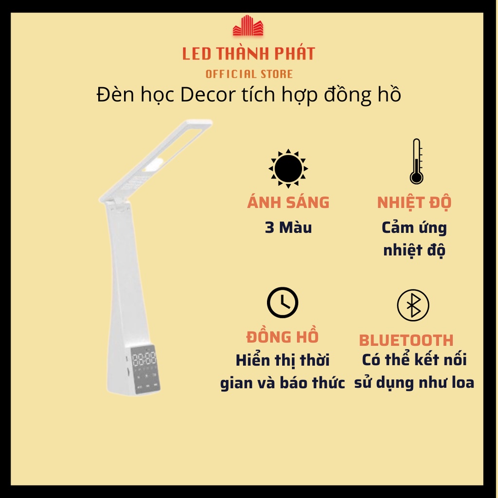 Đèn Decor bàn học đa năng, Đèn ngủ tích hợp đông hồ, loa bluetooth và gương