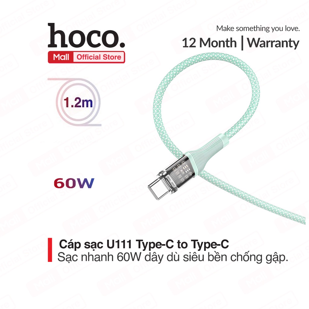 Cáp sạc nhanh 60W Hoco U111 Type-C to Type-C dây dù 1.2m (xanh)