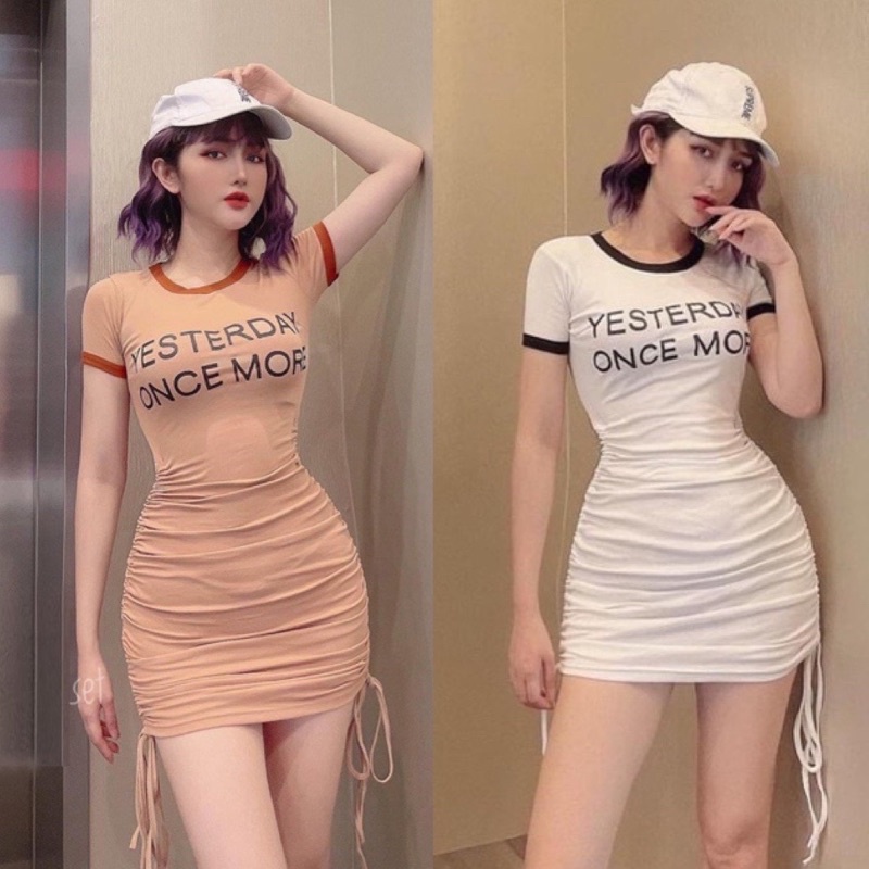 Đầm ôm body rút đùi phối chữ in (ảnh thật)