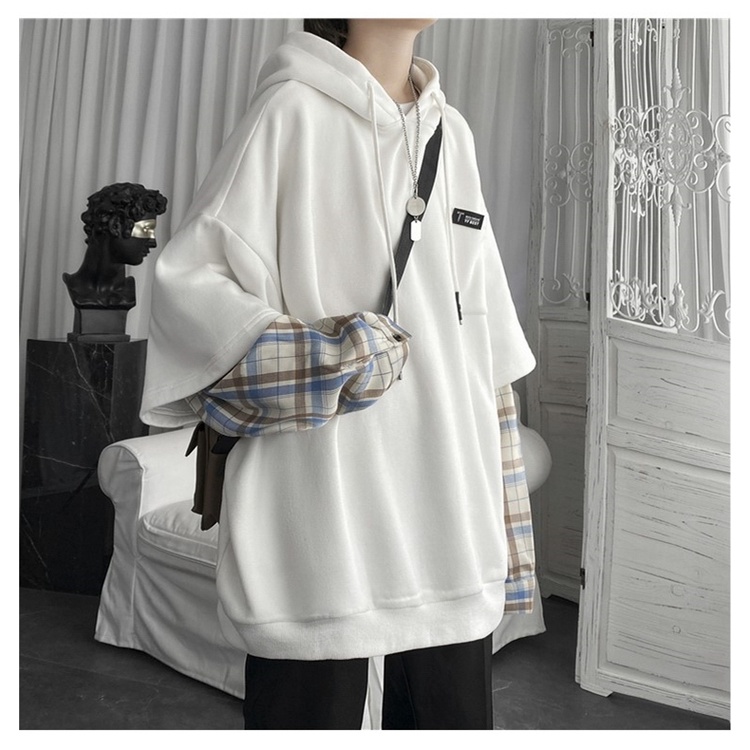 ZHELIHANGFEI Áo Hoodie Giả Hai Lớp Tay Dài Dáng Rộng Họa Tiết Kẻ Sọc Phong Cách Retro Đường Phố