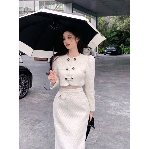 Set áo dạ tweed croptop vai bồng kèm chân váy dáng dài (có ảnh thật)