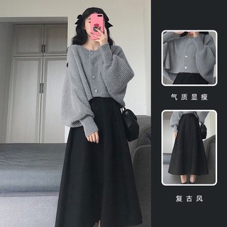 Áo len nữ cánh rơi form rộng croptop xám, sét áo chân váy dài 2022