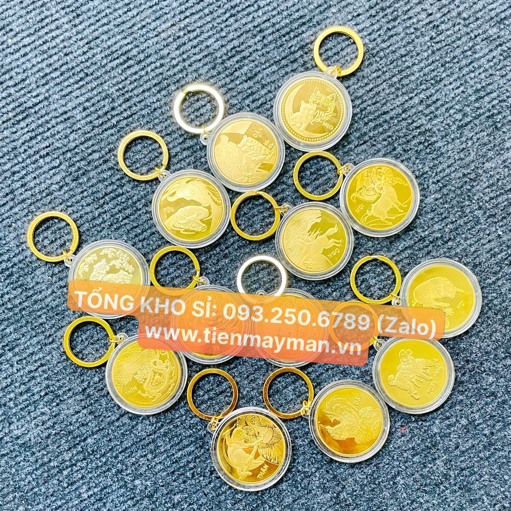 [GIÁ KM] [CON CỌP] Móc Khóa Đồng Xu Khắc Hình 12 Con Giáp, Niken Mạ Vàng Phong Thủy