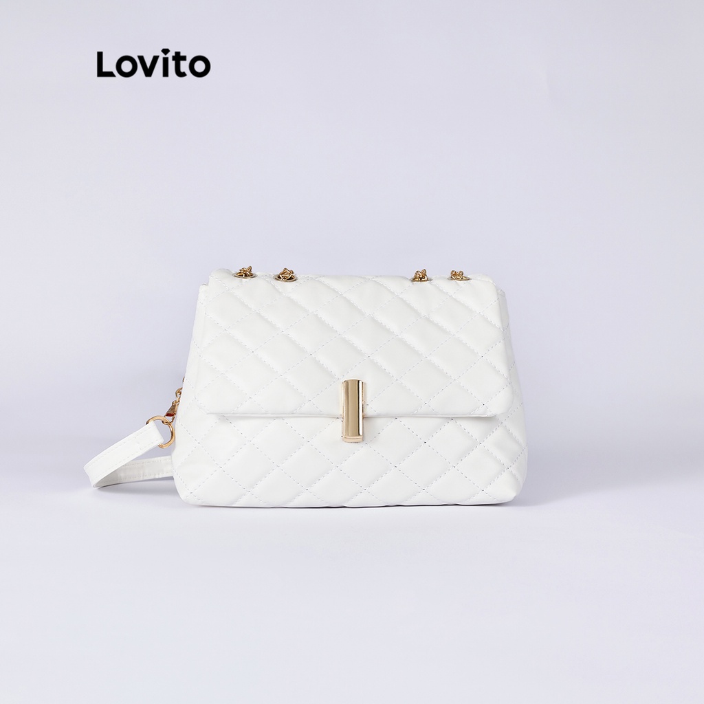 Lovito Elegant Trơn Kim Cương Quilting Kim Loại Dây Đeo Chuỗi Trọng Lượng Nhẹ Túi Vuông L38BA04 (Trắng/Đen/Kaki/Xanh dương)