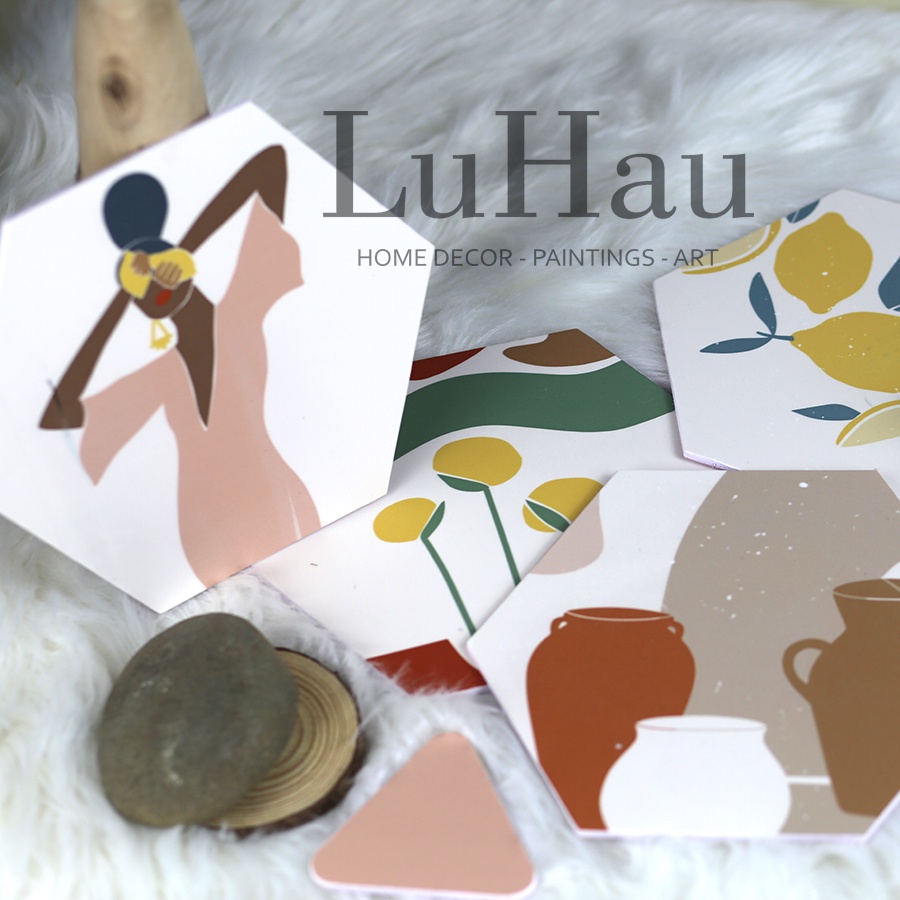 Set tranh lục giác 5 tấm dán tường tiện lợi phong cách boho3 trang trí nội thất