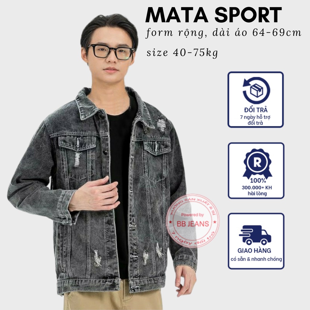 Ao khoác jean đen nam form đứng - form dài áo khoác jean nam màu xám cắt rách size 40-75kg