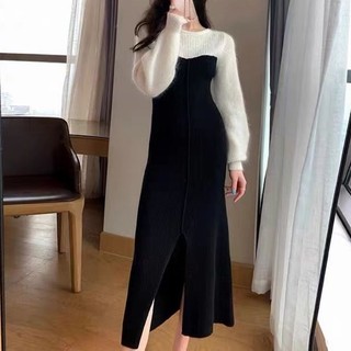 Đầm Dệt Kim Tay Dài Màu Sắc Tương Phản Xẻ Tà Nhẹ Nhàng Thanh Lịch Cho Nữ