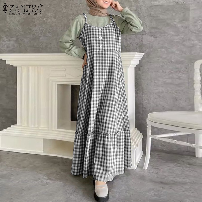 ZANZEA Đầm Hai Dây Viền Bèo Họa Tiết Caro Thời Trang Cho Phụ Nữ Hồi Giáo