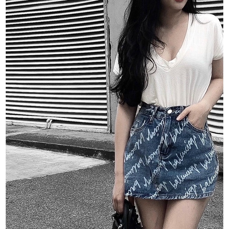SET PULL TRẮNG CỔ TIM CHÂN VÁY JEAN CHỮ