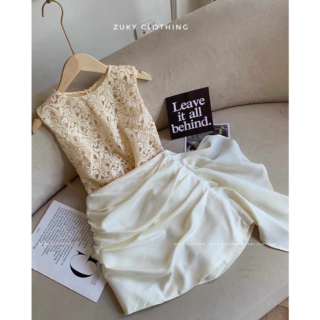ZUKY CLOTHING - Sét ren màu nude chân váy nhún bên hông phù hợp tiệc dạo phố