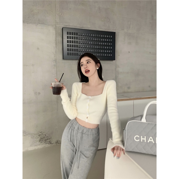 Áo Cardigan Dệt Kim Tay Dài Cổ Vuông Dáng Ngắn Thời Trang Cho Nữ
