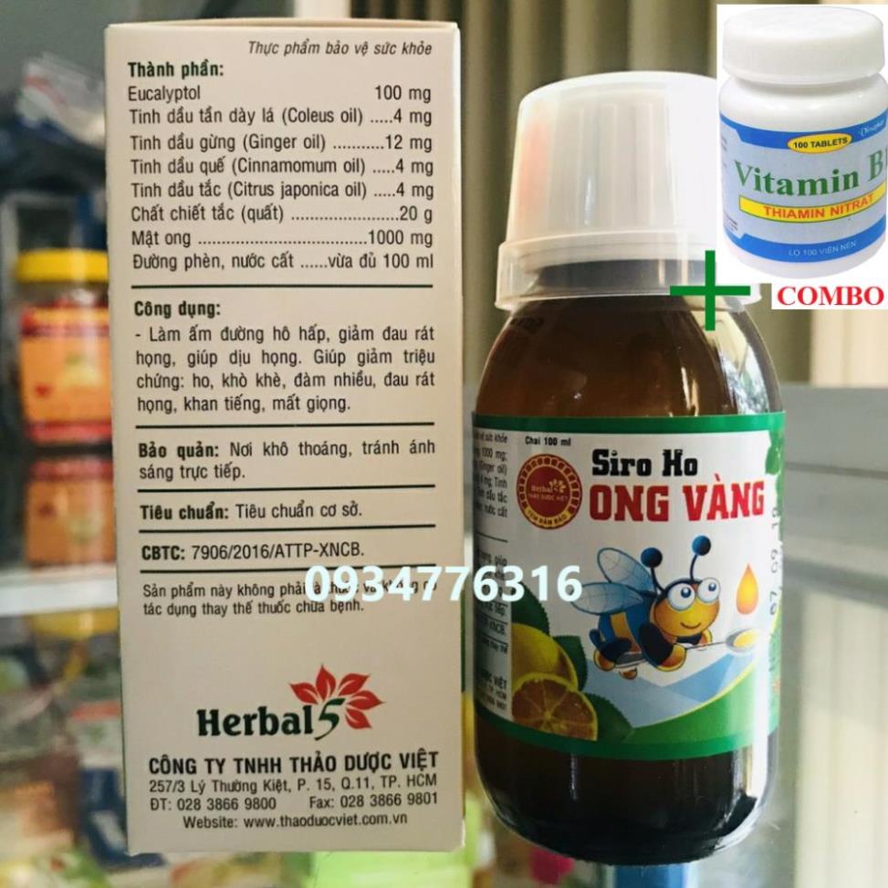 Combo Vitamin B1 chai 100 viên+ ✅ SIRO HO ONG VÀNG (CHAI 100ML)