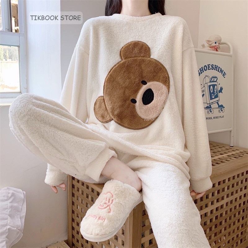 Bộ Bông Gấu Nâu , Bộ Đồ Ngủ Lông Nỉ Giữ Nhiệt Mặc Nhà Siêu Ấm 137