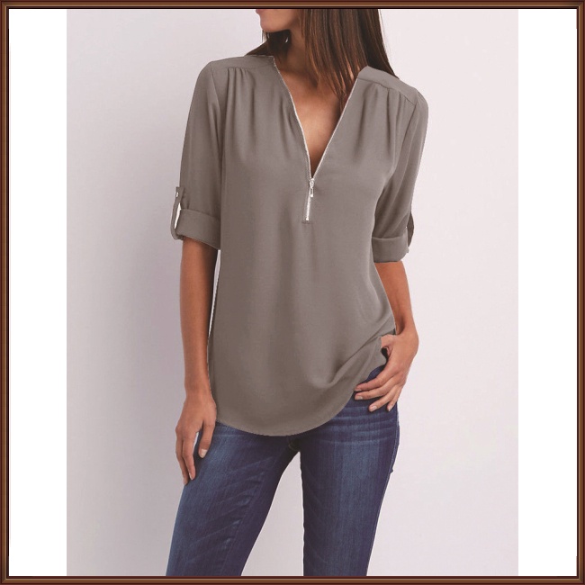 Áo Sơ Mi Chiffon Tay Dài Cổ Chữ V Màu Trơn Có Khóa Kéo Trước Plus Size Cho Nữ