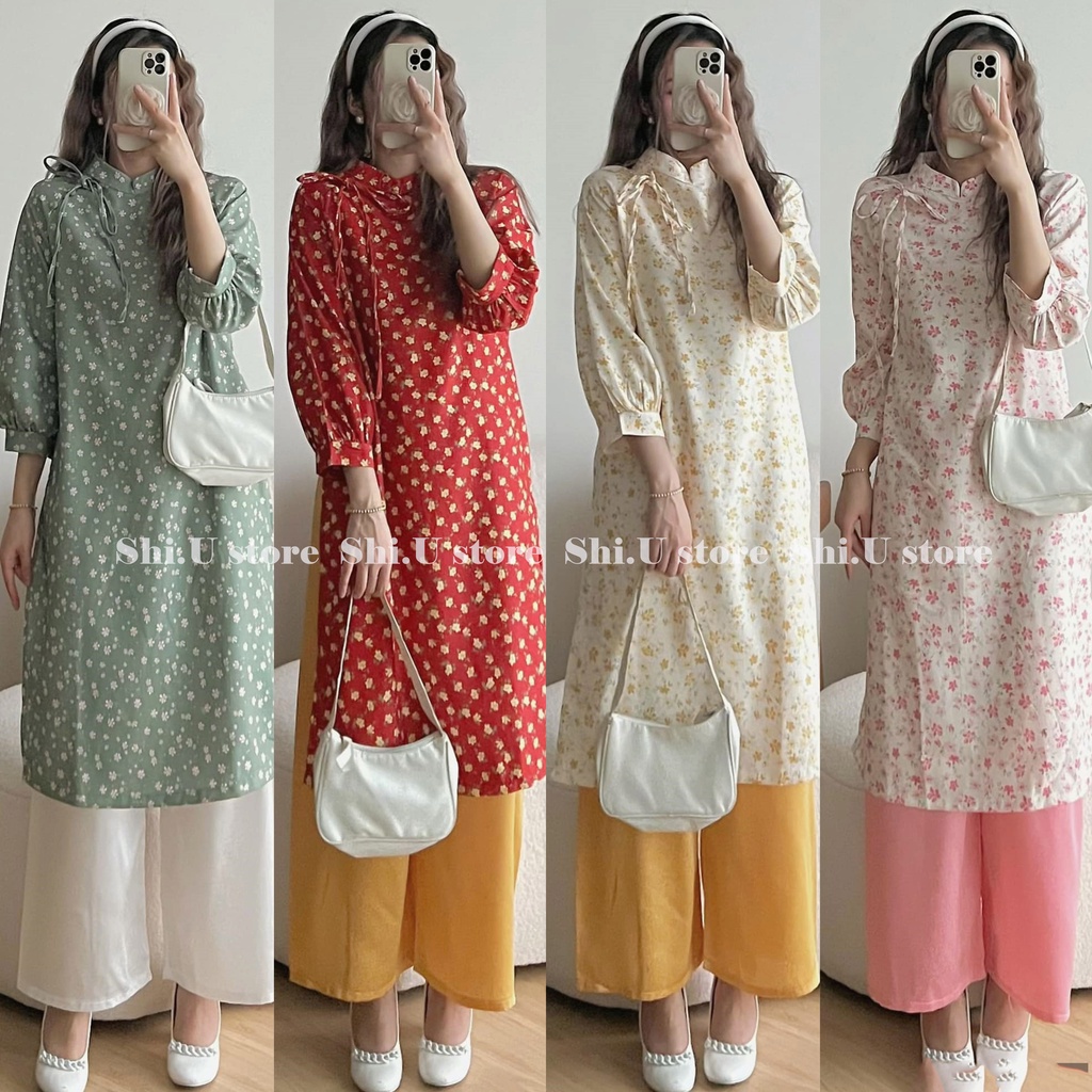 Áo dài cách tân Tết hoa nhí tay bồng buộc nơ chất nhung tăm kèm quần lụa siêu xinh mặc Tết
