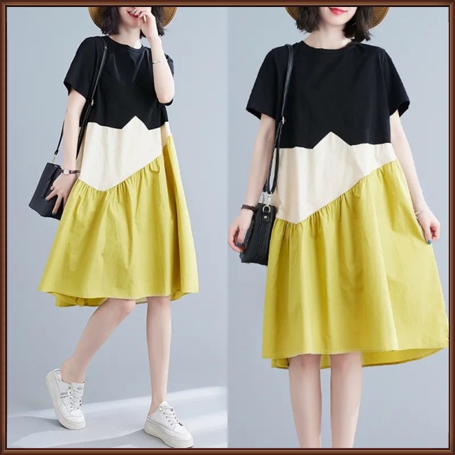 Đầm Cotton Cổ Tròn Tay Ngắn Dáng Rộng Màu Sắc Tương Phản Thời Trang Cho Nữ