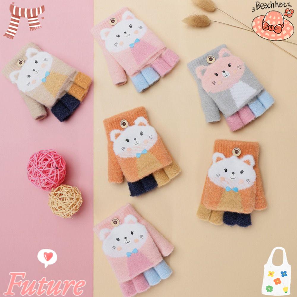 Găng Tay Dệt Kim Hở Ngón Họa Tiết Mèo Hoạt Hình Thời Trang Thu Đông Ấm Áp