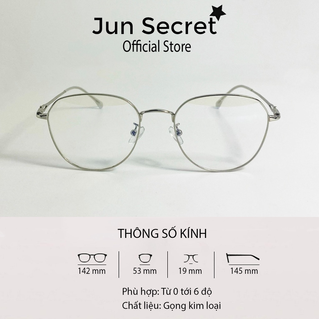 Gọng kính cận nam nữ Jun Secret chất liệu kim loại, tròng vuông 0 độ chống nắng, chống tia UV JS52335