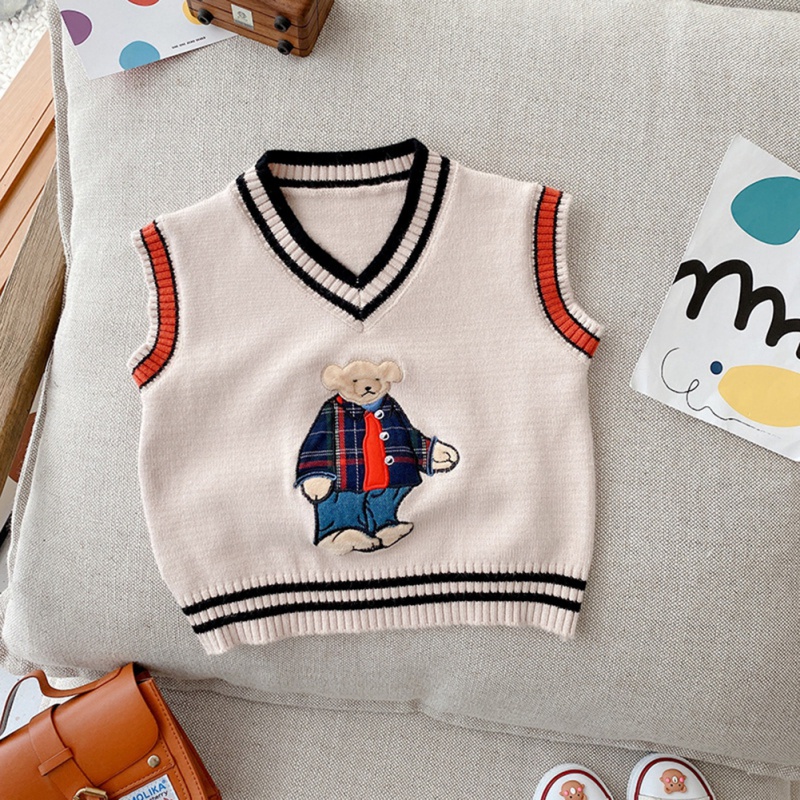 Áo Sweater Dệt Kim Sát Nách In Hình Gấu Hoạt Hình Thời Trang Thu Đông Cho Bé