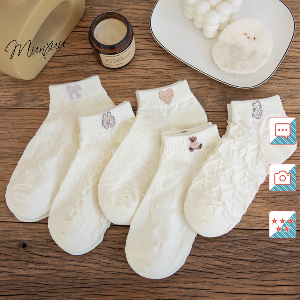 Tất nữ cổ ngắn MUNXUU họa tiết dễ thương phối dập nổi cao cấp vải cotton co dãn thoáng mát - T13