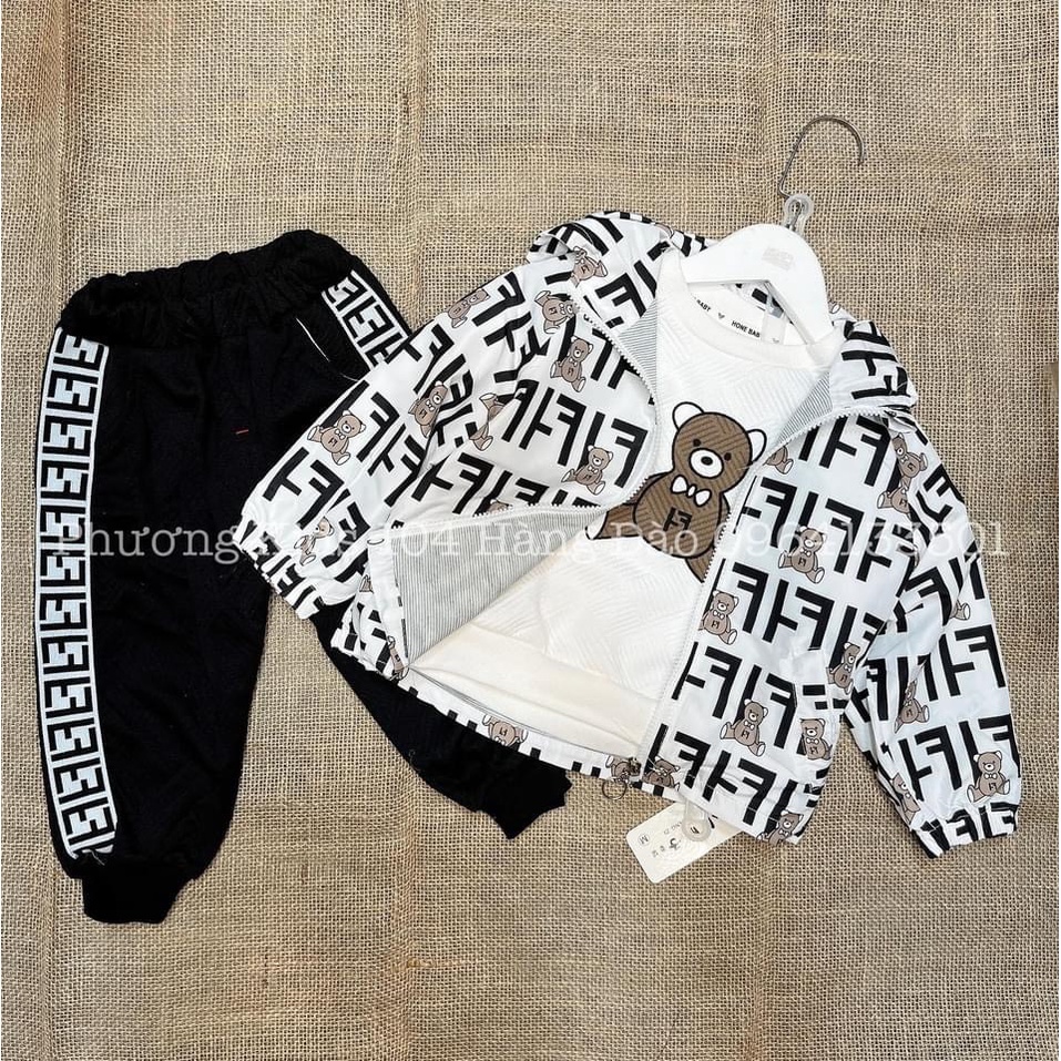 Quần áo thu đông bé trai, Sét 3 chi tiết họa tiết gấu F.F in tràn cho bé