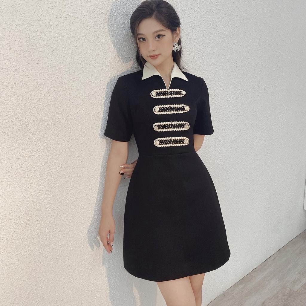 Đầm chữ A đi dự tiệc cưới, thiết kế cổ V, tay ngắn xinh xắn - Suzy