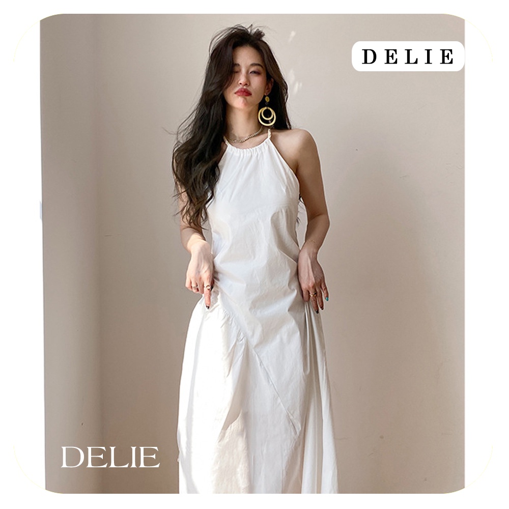 Đầm đi biển DELIE váy maxi trắng hở lưng đan dây quyến rũ dáng xòe dài kiểu pháp VK04