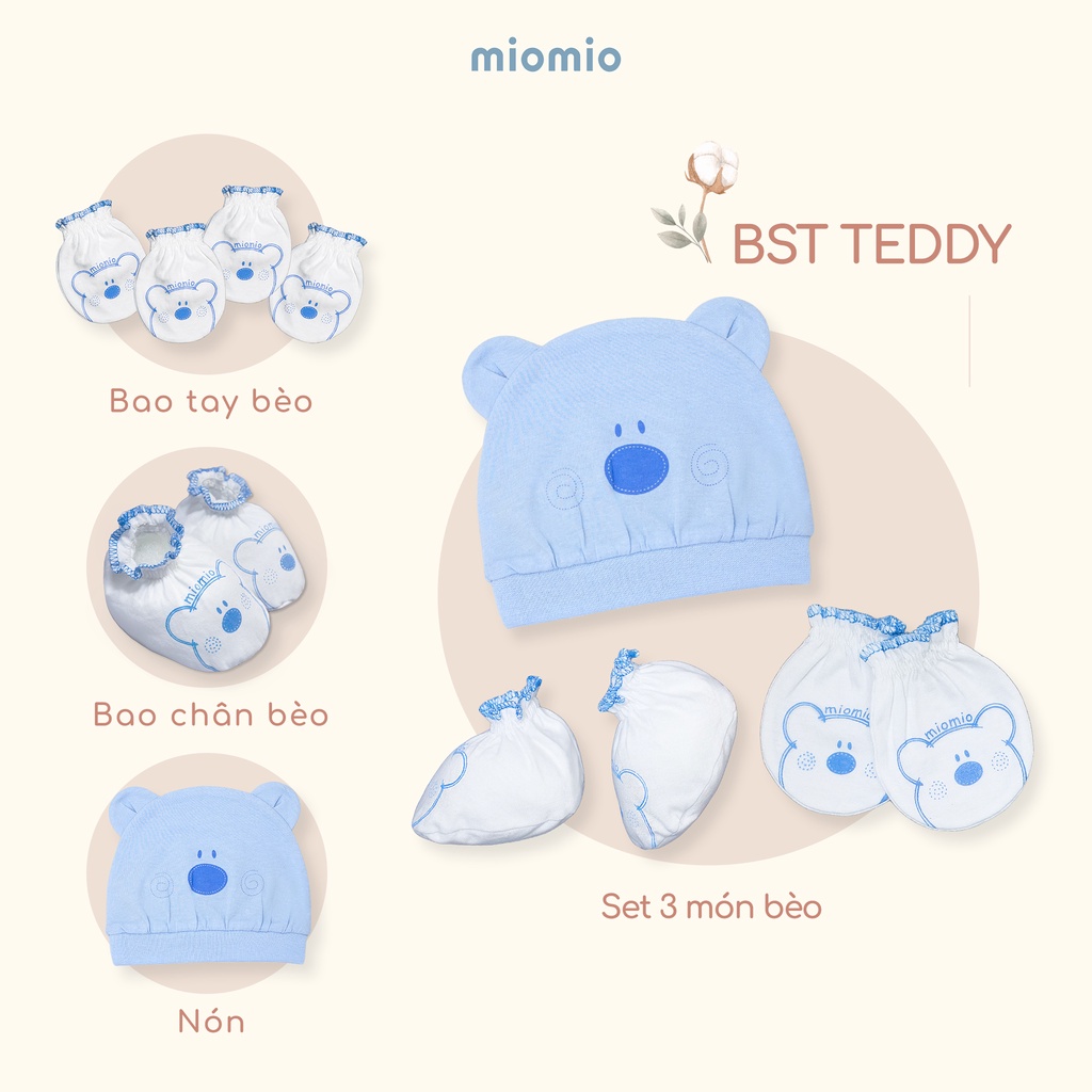 Bao Tay Bèo, Chân Bèo, Nón, Set 3 Món Phụ Kiện Bèo MIOMIO, Họa Tiết: Xe Nôi, Teddy, Gấu Mây Cho Bé Sơ Sinh