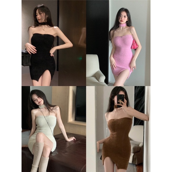 Đầm body chất len lông xẻ đùi kèm chocker cổ