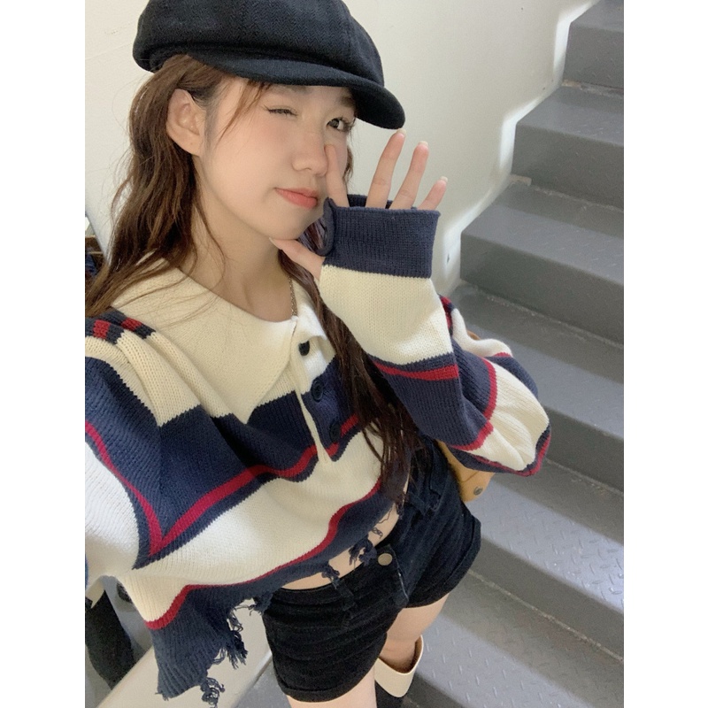 Áo sweater DIDIKA tay dài dáng rộng cổ polo kẻ sọc màu tương phản thời trang mùa thu cho nữ