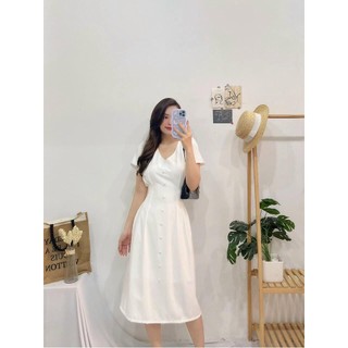 ĐẨM TRẮNG CỔ TIM PHỐI NÚT BỌC-Hình shop chụp thật