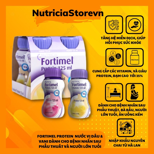 Sữa Fortimel Compact Protein Vị Vani Và Vị Dâu Chai 125ml dành cho bệnh nhân cần bổ sung dinh dưỡng sau phẫu thuật