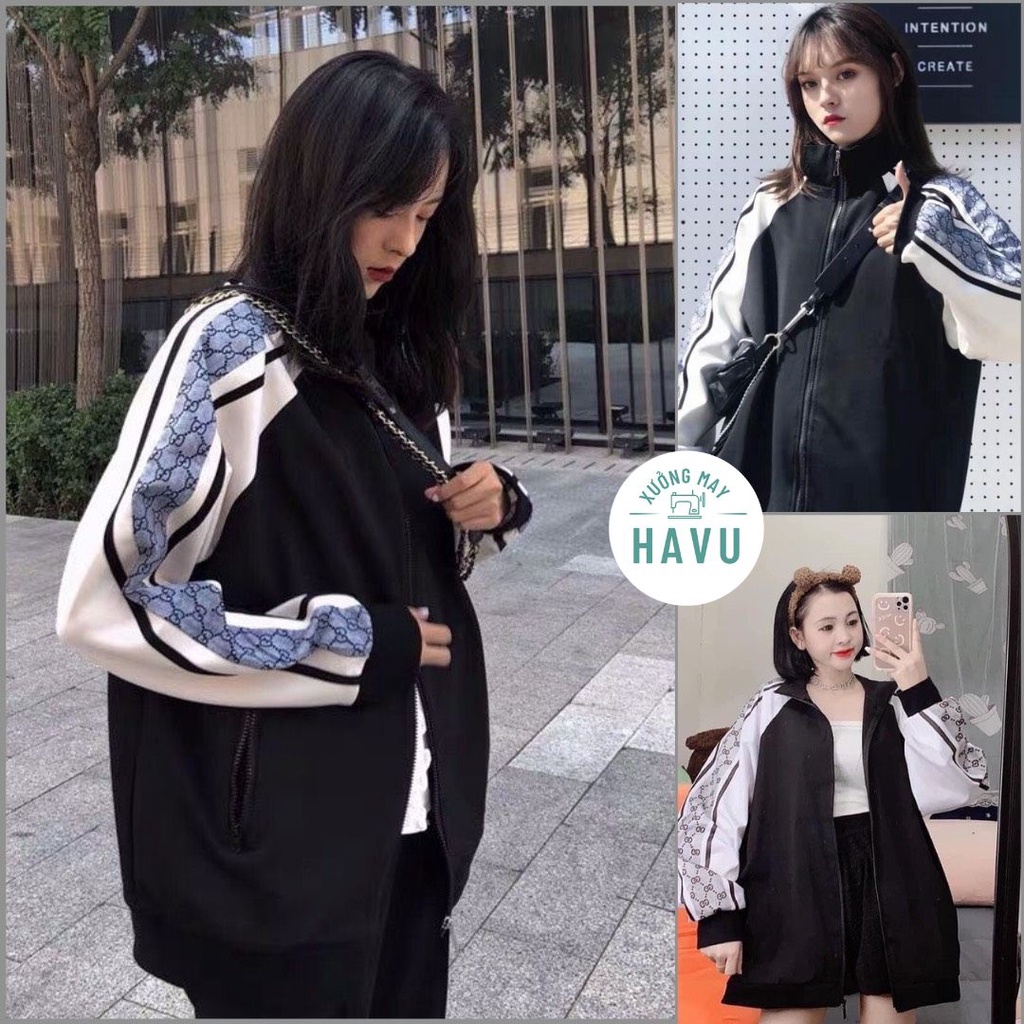 Áo khoác gió kẻ đen GG unisex - Jacket kiểu dáng thể thao cổ cao cá tính ulzzang