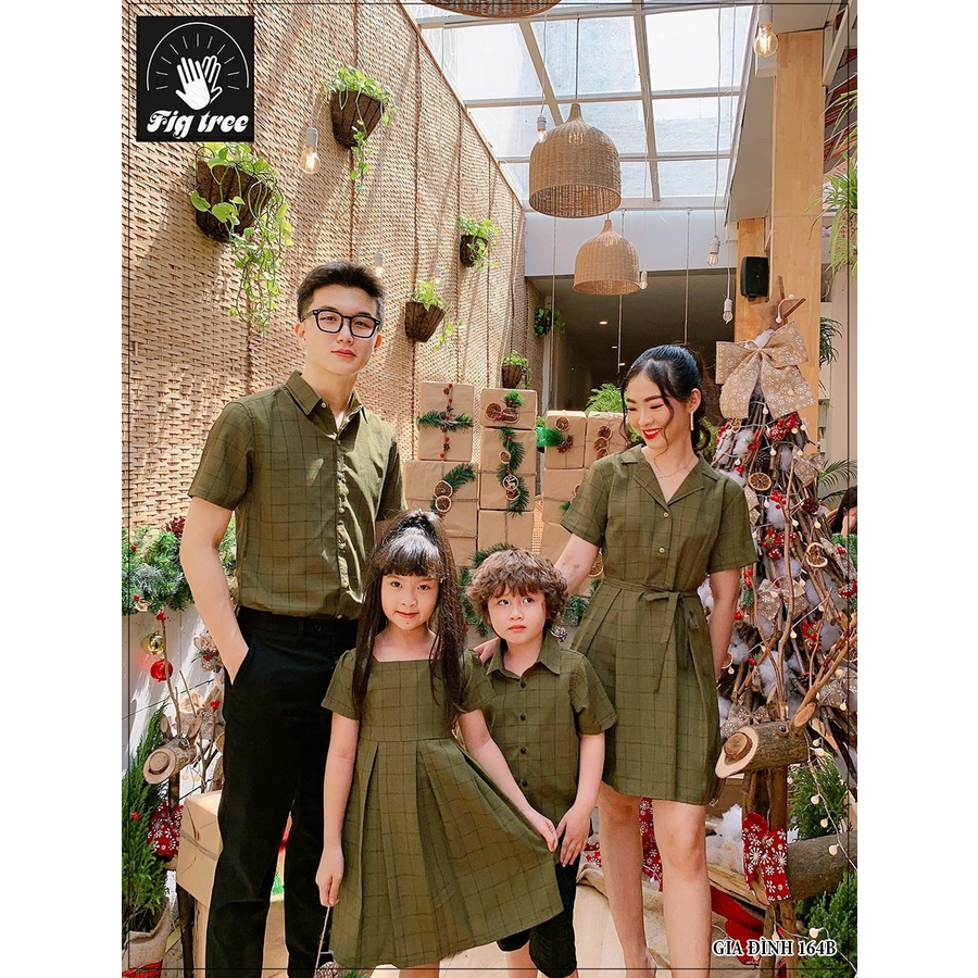 Đồng Phục sơ mi gia đình nam áo -nữ váy sọc caro xanh rêu ( MS :164B) siêu dễ thương