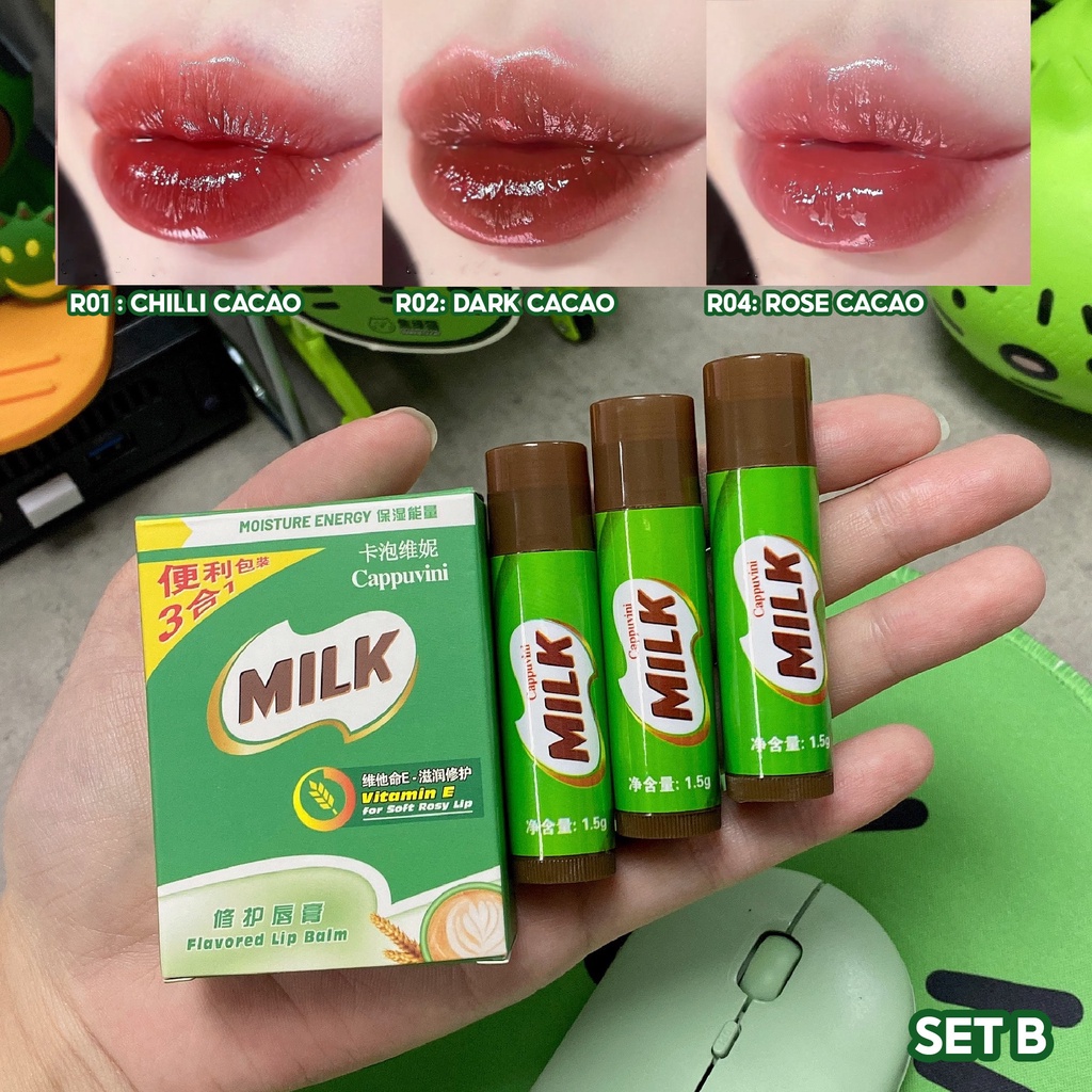 Set 3 son dưỡng có màu Cappuvini Milk dưỡng ẩm đào cacao Chính Hãng