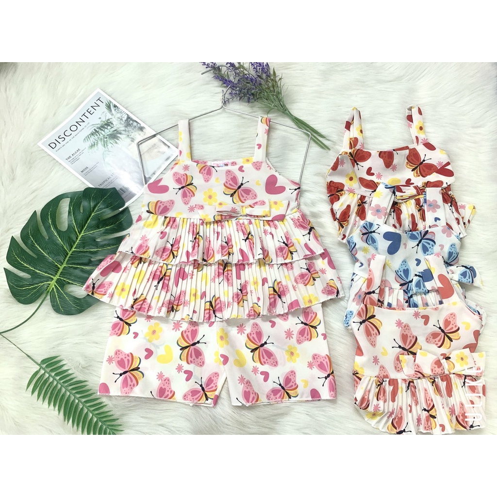 Bộ Lụa Hoa Dây Tầng Xếp Li Phối Nơ Bé