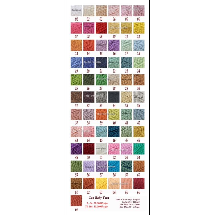Len Baby Yarn đan móc trang phục, phụ kiện cho bé. Bảng màu từ 41 đến 67