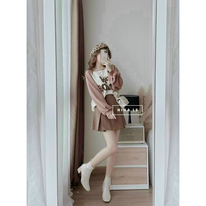 (Sale FreeShip) Sét váy nữ đi chơi,phong cách hàn xinh xắn áo phông tay dài phối màu in chữ nổi,tone màu nâu tôn da