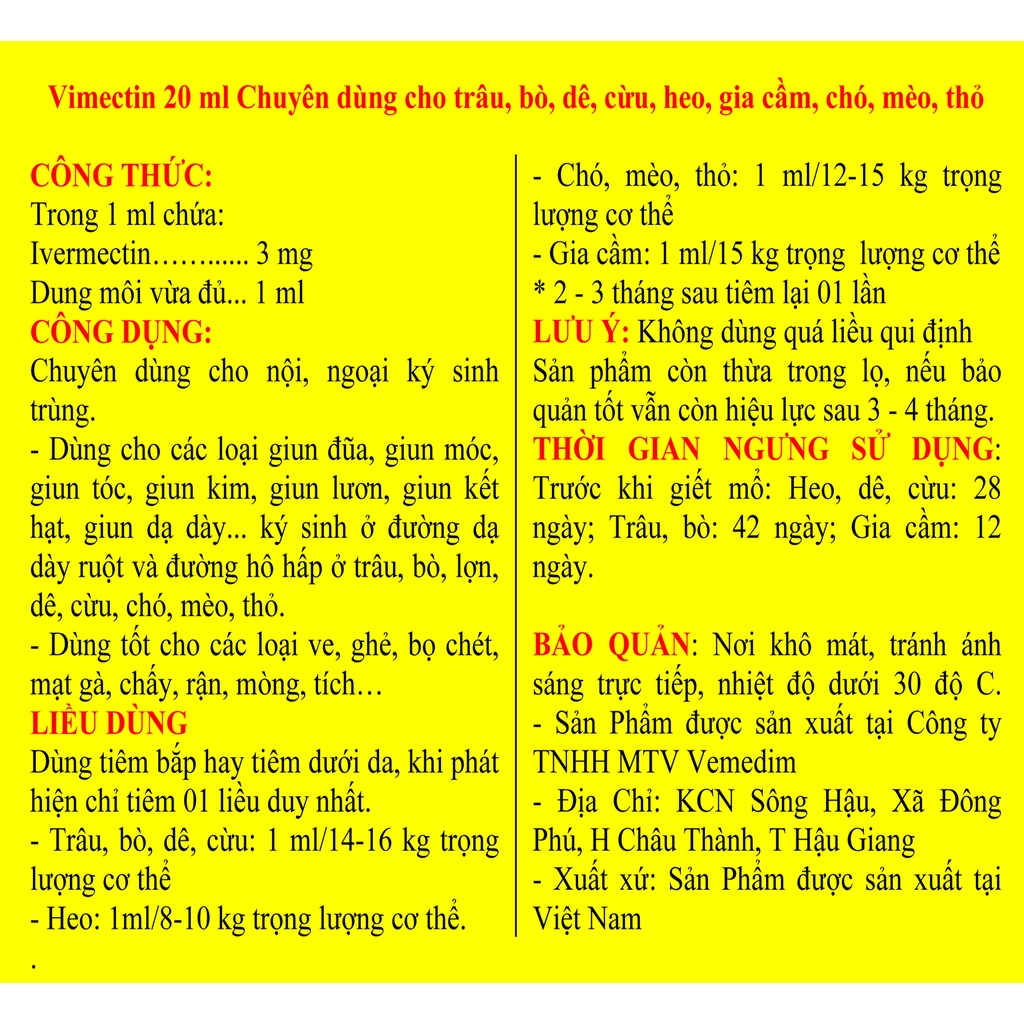 1 lọ Vimectin 20 ml Sản phẩm cao cấp chuyên dùng cho trâu, bò, dê, cừu, heo, gia cầm, chó, mèo, thỏ